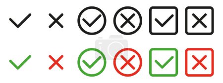 Illustration for Checkmarks and crosses used as visual symbols for indicating completion or confirmation (checkmarks) or rejection or error (crosses). Checkmarks, crosses. - Royalty Free Image