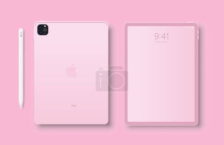 New iPad Pro pink color by Apple inc. Cute device. Mockup screen iPad Pro and back side tablet. Apple pencil. Vector illustration. High detail. Editorial