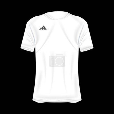 Téléchargez les illustrations : Modèle de T-shirt logo Adidas en couleurs blanches. Maquette de chemise réaliste à manches courtes. Modèle de t-shirt vierge avec espace vide pour le design. Marque Adidas. - en licence libre de droit