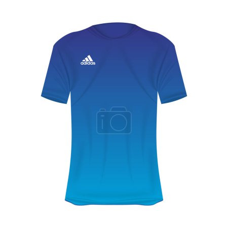 Téléchargez les illustrations : Modèle de T-shirt logo Adidas en couleurs bleues. Maquette de chemise réaliste à manches courtes. Modèle de t-shirt vierge avec espace vide pour le design. Marque Adidas. - en licence libre de droit