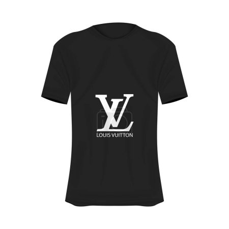 Illustration for Louis Vuitton logo T-shirt mockup in black colors. Mockup of realistic shirt with short sleeves. Blank t-shirt template with empty space for design. LouisVuitton brand. - Royalty Free Image