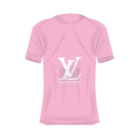 Illustration for Louis Vuitton logo T-shirt mockup in pink colors. Mockup of realistic shirt with short sleeves. Blank t-shirt template with empty space for design. LouisVuitton brand. - Royalty Free Image