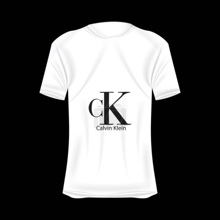 Illustration for Calvin Klein logo T-shirt mockup in white colors. Mockup of realistic shirt with short sleeves. Blank t-shirt template with empty space for design. CalvinKlein brand. - Royalty Free Image