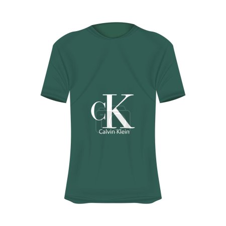 Téléchargez les illustrations : Calvin Klein logo T-shirt modèle dans les couleurs vertes. Maquette de chemise réaliste à manches courtes. Modèle de t-shirt vierge avec espace vide pour le design. Marque CalvinKlein. - en licence libre de droit