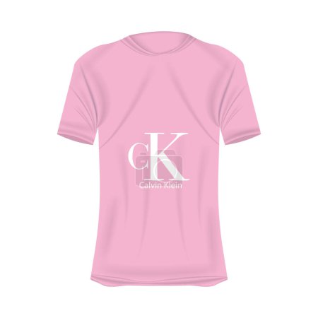 Illustration for Calvin Klein logo T-shirt mockup in pink colors. Mockup of realistic shirt with short sleeves. Blank t-shirt template with empty space for design. CalvinKlein brand. - Royalty Free Image