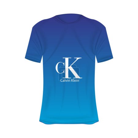 Illustration for Calvin Klein logo T-shirt mockup in blue colors. Mockup of realistic shirt with short sleeves. Blank t-shirt template with empty space for design. CalvinKlein brand. - Royalty Free Image