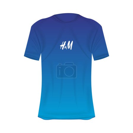 Illustration for H and M logo T-shirt mockup in blue colors. Mockup of realistic shirt with short sleeves. Blank t-shirt template with empty space for design. HandM brand. - Royalty Free Image