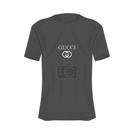 Téléchargez les illustrations : Modèle de T-shirt logo Gucci en couleurs grises. Maquette de chemise réaliste à manches courtes. Modèle de t-shirt vierge avec espace vide pour le design. Marque Gucci. - en licence libre de droit