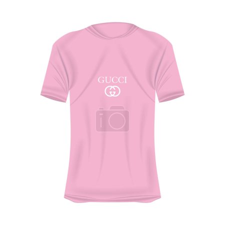 Téléchargez les illustrations : Modèle de T-shirt logo Gucci en couleurs roses. Maquette de chemise réaliste à manches courtes. Modèle de t-shirt vierge avec espace vide pour le design. Marque Gucci. - en licence libre de droit