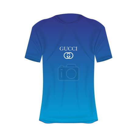 Téléchargez les illustrations : Modèle de T-shirt logo Gucci en couleurs bleues. Maquette de chemise réaliste à manches courtes. Modèle de t-shirt vierge avec espace vide pour le design. Marque Gucci. - en licence libre de droit