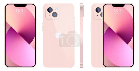 Apple iPhone 14. Teléfono inteligente. Disponible en color rosa. Nuevo iPhone 14 pro max. Mock-up pantalla del iphone y el lado posterior del iphone. Por Apple Inc. Editorial