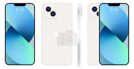 Illustration for Apple iPhone 14. Smart phone. Available in white color. New iPhone 14 pro max. Mock-up screen iphone and back side iphone. By Apple Inc. Editorial - Royalty Free Image
