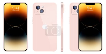 Illustration for Apple iPhone 14. Smart phone. Available in pink color. New iPhone 14 pro max. Mock-up screen iphone and back side iphone. By Apple Inc. Editorial - Royalty Free Image