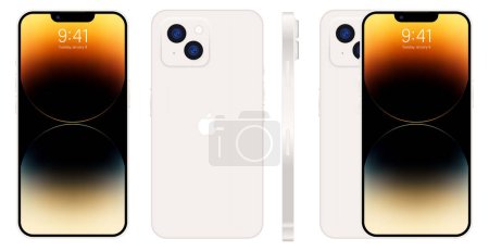 Illustration for Apple iPhone 14. Smart phone. Available in white color. New iPhone 14 pro max. Mock-up screen iphone and back side iphone. By Apple Inc. Editorial - Royalty Free Image