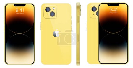 Illustration for Apple iPhone 14. Smart phone. Available in golden color. New iPhone 14 pro max. Mock-up screen iphone and back side iphone. By Apple Inc. Editorial - Royalty Free Image