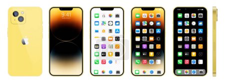 Illustration for New gold Iphone 14. Apple inc. smartphone with ios 14. Locked screen, phone navigation page, home page with 47 popular apps. Vector illustration EPS10. Editorial. - Royalty Free Image