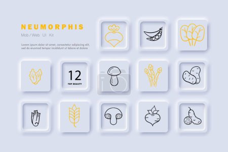 Illustration for Vegetables line icon. Greens, food, healthy food, peas, mushrooms Neomorphism steyle Vector line icon - Royalty Free Image