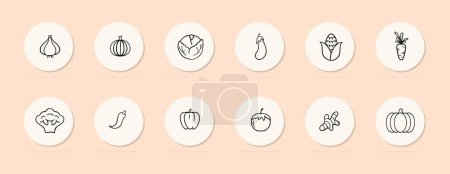 Illustration for Vegetables line icon. Healthy food, corn, carrots, cabbage, potatoes, broccoli, hot peppers Pastel color background Vector line icon - Royalty Free Image
