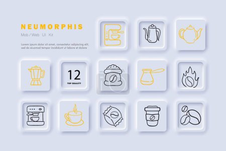 Illustration for Coffee shop line icon. Coffee machine, roaster, kettle, cold brew, cappuccino, coffee pot. Neomorphism steyle Vector line icon - Royalty Free Image