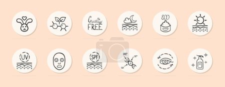 Illustration for Natural cosmetics line icon. Korean cosmetics, face skin care, shadows, mascara, makeup. Pastel color background. Vector line icon - Royalty Free Image