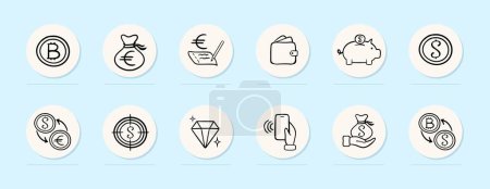 Illustration for Finance line icon. Bitcoin, e-currency exchange, piggy bank, diamond, euro. Pastel color background. Vector line icon - Royalty Free Image