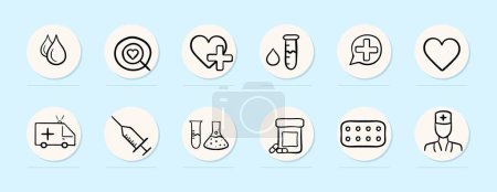 Illustration for Treatment line icon. Doctor, pill blister, medicine, syringe, heart, cross Pastel color background Vector line icon - Royalty Free Image
