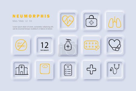 Illustration for Treatment line icon. Heart, antiseptic, scales, hospital, pills, cross no smoking Neomorphism steyle Vector line icon - Royalty Free Image