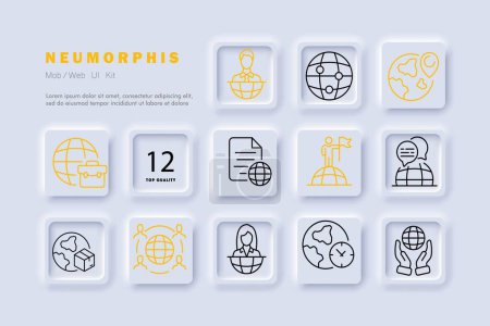 Illustration for International relations line icon. Planet, box, reporter, briefcase, gps, timer clock Neomorphism steyle Vector line icon - Royalty Free Image