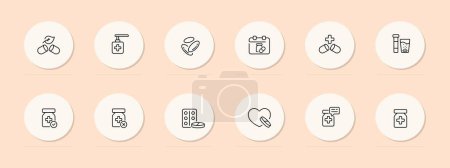 Illustration for Treatment line icon. Pills, plus, heart, natural, components, hospital disease Pastel color background Vector line icon - Royalty Free Image