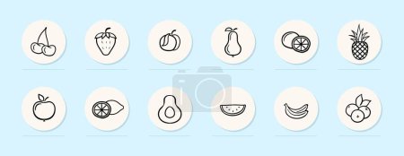 Illustration for Fruit line icon. Vitamins, sweetness, pulp, juice, bananas, cherries, apples oranges Pastel color background Vector line icon - Royalty Free Image