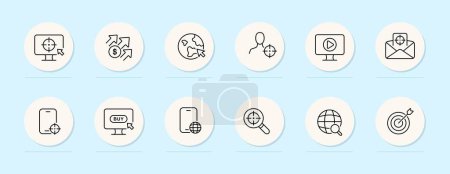 Illustration for Targeted advertising line icon. Sight, TV, smartphone, mail, dollar, target, planet Pastel color background Vector line icon - Royalty Free Image