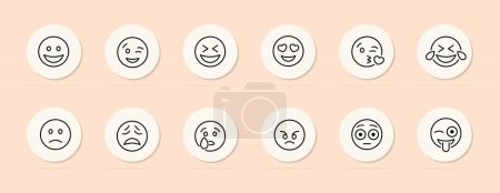 Téléchargez les illustrations : Icône de ligne Emoji. Émotions, joie, tristesse, colère, rire, plaisir de l'amour Couleur pastel fond Icône de ligne vectorielle - en licence libre de droit