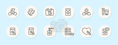 Illustration for Hospital line icon. Pill, heart, treatment, doctor, nurse, antiseptic blister Pastel color background Vector line icon - Royalty Free Image
