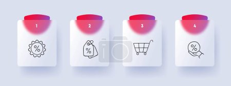 Illustration for Discounts line icon. Percentage, bonus, cashback, grocery cart, online purchase, hand, tag. Glassmorphism style. Vector line icon for Business - Royalty Free Image