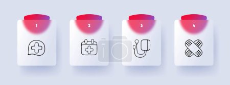 Illustration for Medical care line icon. Doctor, pills, blood transfusion, band-aid, injury recovery. Glassmorphism style. Vector line icon for Business - Royalty Free Image