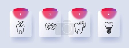 Ikone der Zahnschmerzbehandlung. Arzt, Zahnarzt, Füllung, Bleaching, Veneers, Zahnkrone. Glassmorphismus. Vektorzeilen-Symbol für Unternehmen