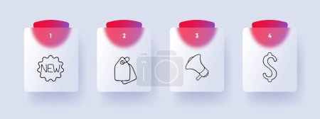 Illustration for New products line icon. Dollar, novelty, tag, loudspeaker, dollar, announcement. Glassmorphism style. Vector line icon for Business - Royalty Free Image