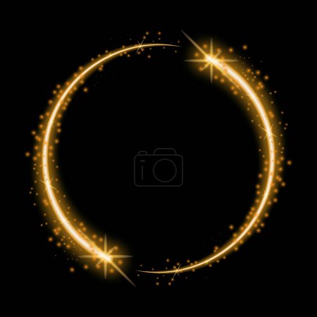 Ilustración de Círculos de luz dorados realistas que chispean sobre fondo negro transparente. Ilustración vectorial del efecto de poder mágico, rastro de hadas, remolino de polvo de purpurina, marco avatar brillante. Diseño festivo - Imagen libre de derechos