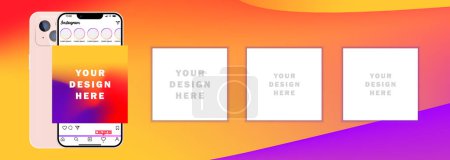 Illustration for Instagram feed. Applications interface. Activity, news, follower, subscription, like, stories, new post. Apple iPhone 15, 14 mockup. Apps template Background with your design here text Editorial - Royalty Free Image