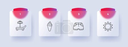 Illustration for Vacation line icon. Shorts, sun, ice cream, sun lounger, umbrella, sunscreen Glassmorphism style Vector line icon - Royalty Free Image