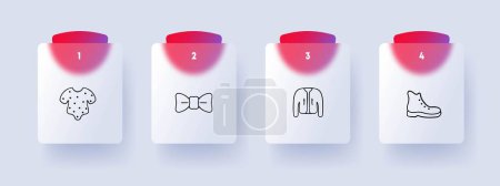 Illustration for Clothes line icon. Bow, boots, shoes, jacket, outerwear, pajamas baby clothes Glassmorphism style Vector line icon - Royalty Free Image