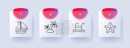 Illustration for Vacation line icon. Sailboat, ship, beach, starfish, ladder, pool water Glassmorphism style Vector line icon - Royalty Free Image