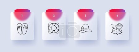 Illustration for Vacation line icon. Slippers, life buoy, sand, hat, summer, sand castle Glassmorphism style Vector line icon - Royalty Free Image