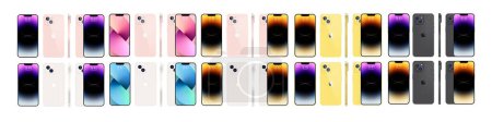 Ilustración de Nuevo set Iphone 14. Apple inc. smartphone con iOS 14. Oro, rosa, blanco, gris. Presentación oficial. Ilustración vectorial EPS10 Editorial - Imagen libre de derechos