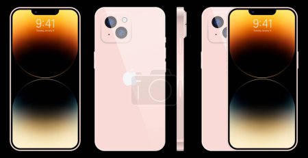 Illustration for New iPhone 14 pro, pro max Deep pink color by Apple Inc. Mock-up screen iphone and back side iphone. High Quality. Editorial - Royalty Free Image