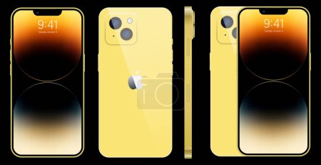 Ilustración de Nuevo iPhone 14 pro, pro max Color dorado profundo de Apple Inc. Mock-up pantalla iphone y parte posterior iphone. Alta calidad. Editorial - Imagen libre de derechos