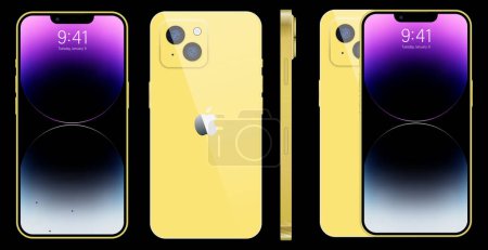 Illustration for New iPhone 14 pro, pro max Deep golden color by Apple Inc. Mock-up screen iphone and back side iphone. High Quality. Editorial - Royalty Free Image
