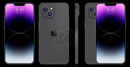 Illustration for New iPhone 14 pro, pro max Deep Purple color by Apple Inc. Mock-up screen iphone and back side iphone. High Quality. Editorial. - Royalty Free Image