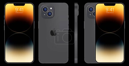 Ilustración de Nuevo iPhone 14 Pro, Pro Max Deep Purple color de Apple Inc. Mock-up pantalla iphone y parte posterior iphone. Alta calidad. Editorial. - Imagen libre de derechos