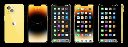 Ilustración de Nuevo Iphone 14 dorado. Apple inc. smartphone con iOS 14. Pantalla bloqueada, página de navegación del teléfono, página de inicio con 47 aplicaciones populares. Ilustración vectorial EPS10. Editorial - Imagen libre de derechos
